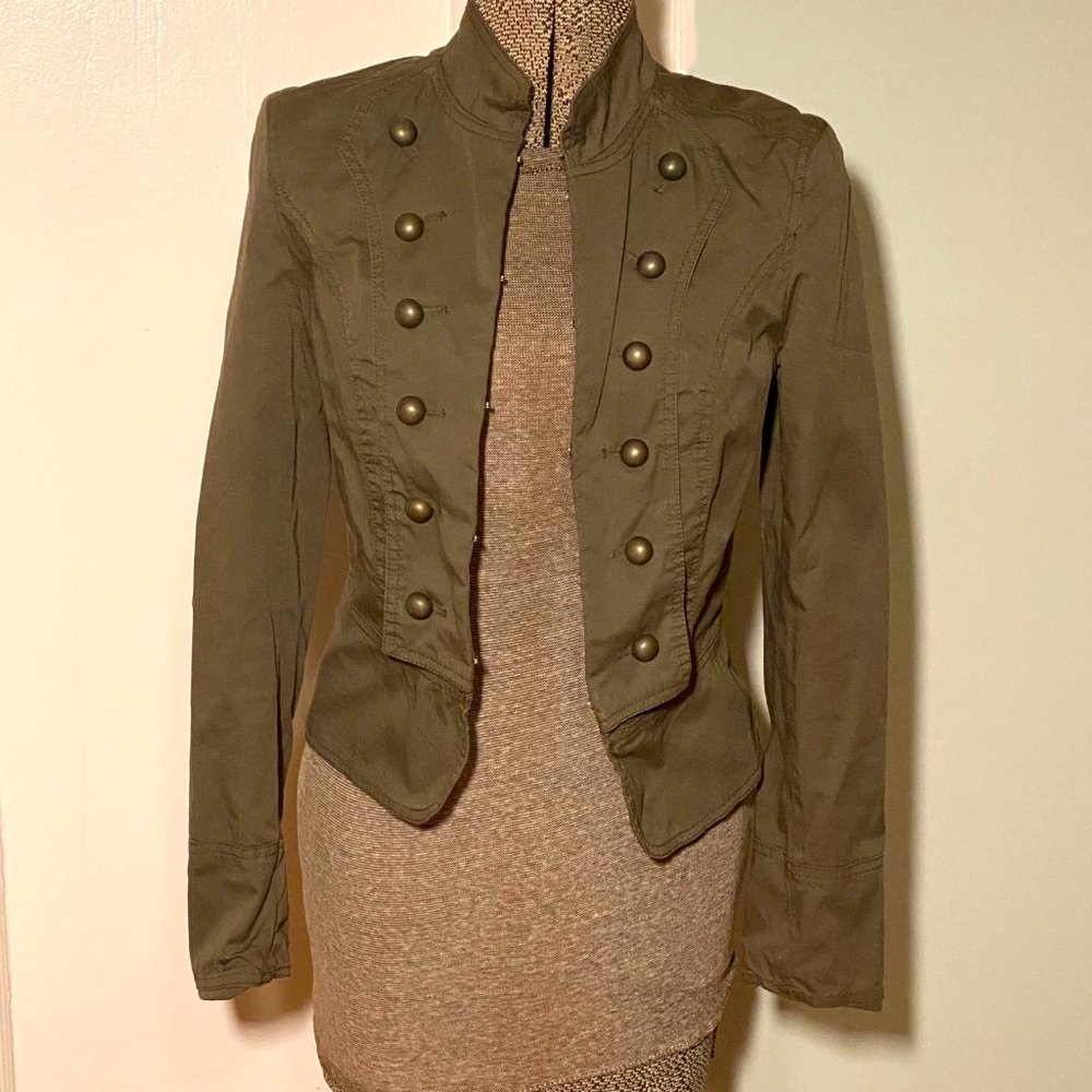 Zara's Military-Style Olive Blazer with Brass Buttons